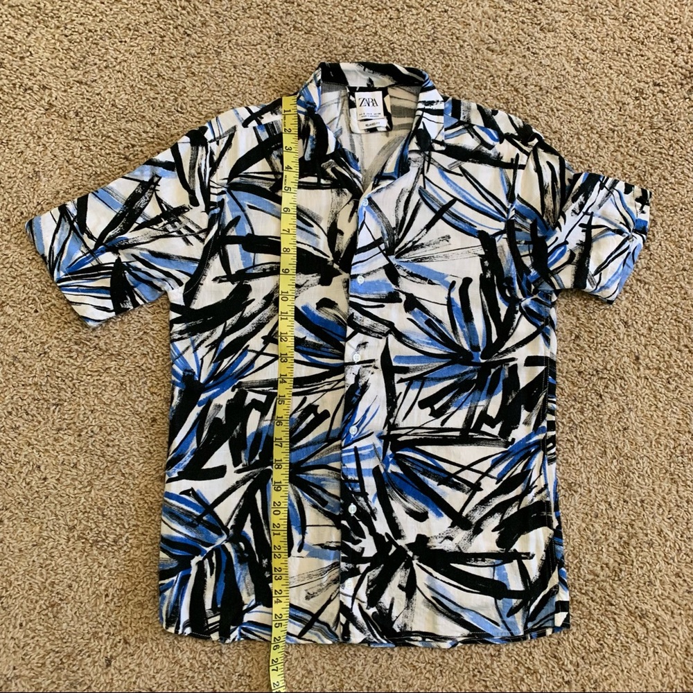 Zara Relaxed Fit Short Sleeve Button-Up Shirt   Blue and Black Palm Print Size S - Picture 15 of 15